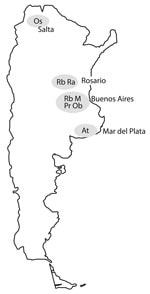Thumbnail of Locations of 7 major multidrug-resistant tuberculosis clusters, labeled by strain type, Argentina, 2003–2009.