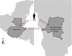Thumbnail of Genetic relatedness (pairwise RST comparisons) among Plasmodium falciparum identified in samples from the soldiers from Guatemala, persons in the Democratic Republic of the Congo, and persons in Guatemala.