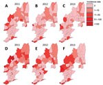 Thumbnail of Distribution of township-level malaria incidence rate (cases per 100,000 population), Yunnan Province, China, 2011–2013. A–C) Plasmodium falciparum. D–F) P. vivax.