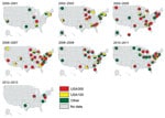Thumbnail of Proportions of methicillin-resistant Staphylococcus aureus isolates in each state that were defined as USA300, USA100, or other strain types, United States 2000–2013.