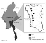 Thumbnail of The study site, Shwegyin Township, Myanmar, where molecular evidence of drug resistance in asymptomatic malaria infections was obtained. As of 2014, Myanmar artemisinin resistance containment areas were divided into Tier I (52 townships) and Tier II (all remaining townships).
