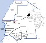 Thumbnail of Study site for investigation of malaria in Mauritania (red box). Twelve provinces and Nouakchott (the capital city) are also shown. Inset map shows location of Mauritania in Africa.