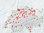 Thumbnail of Distribution of centers participating in a prevelance study comparing molecular and toxin assays for nationwide surveillance of Clostridioides difficile, Switzerland. Red circles represent location of participating centers.