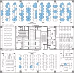 Thumbnail of Floor plan of the 11th floor of building X, site of a coronavirus disease outbreak, Seoul, South Korea, 2020. Blue coloring indicates the seating places of persons with confirmed cases.