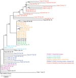 Maximum-likelihood phylogenetic tree of 50 coronavirus disease cases, Hong Kong, February 2020. The tree was rooted on the earliest published genome of severe acute respiratory syndrome coronavirus 2 (GenBank accession no. NC_045512.2). Bootstrap value was set at 1,000× and nodes with bootstrap value >50% were shown. Branch lengths were measured in number of substitutions per site. Samples are color-coded by epidemiologic link. Cases 84 and 102 were asymptomatic at the time of sample collection and are marked with asterisks. Each case is identified by case number used by the Centre of Health Protection, Department of Health, Hong Kong, and date of symptom onset. SSE, superspreading event.