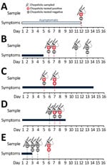 Thumbnail of Timelines showing results of severe acute respiratory syndrome coronavirus 2 reverse transcription -PCR testing of chopsticks used by 5 patients in Hong Kong. The results of testing on serial respiratory specimens confirmed that all chopstick samples were collected when patients were shedding viruses from the respiratory tract. A) Patient A was asymptomatic. B) Patient B was postsymptomatic. C) Patient C had severe infection with pneumonia and desaturation. D) Patient D had moderate