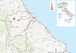 Location of residential areas in the province of Pescara and neighboring zones where outbreak cases were found in study of severe Streptococcus equi subspecies zooepidemicus outbreak from unpasteurized dairy product consumption, Italy, during November 2021–May 2022. Sizes of red dots indicate numbers (N = 37) of patients infected by location. Inset shows the outbreak area in the Vestina region of central Italy.