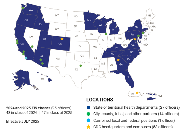 US map of states and territories showing EIS officers' placements across the country