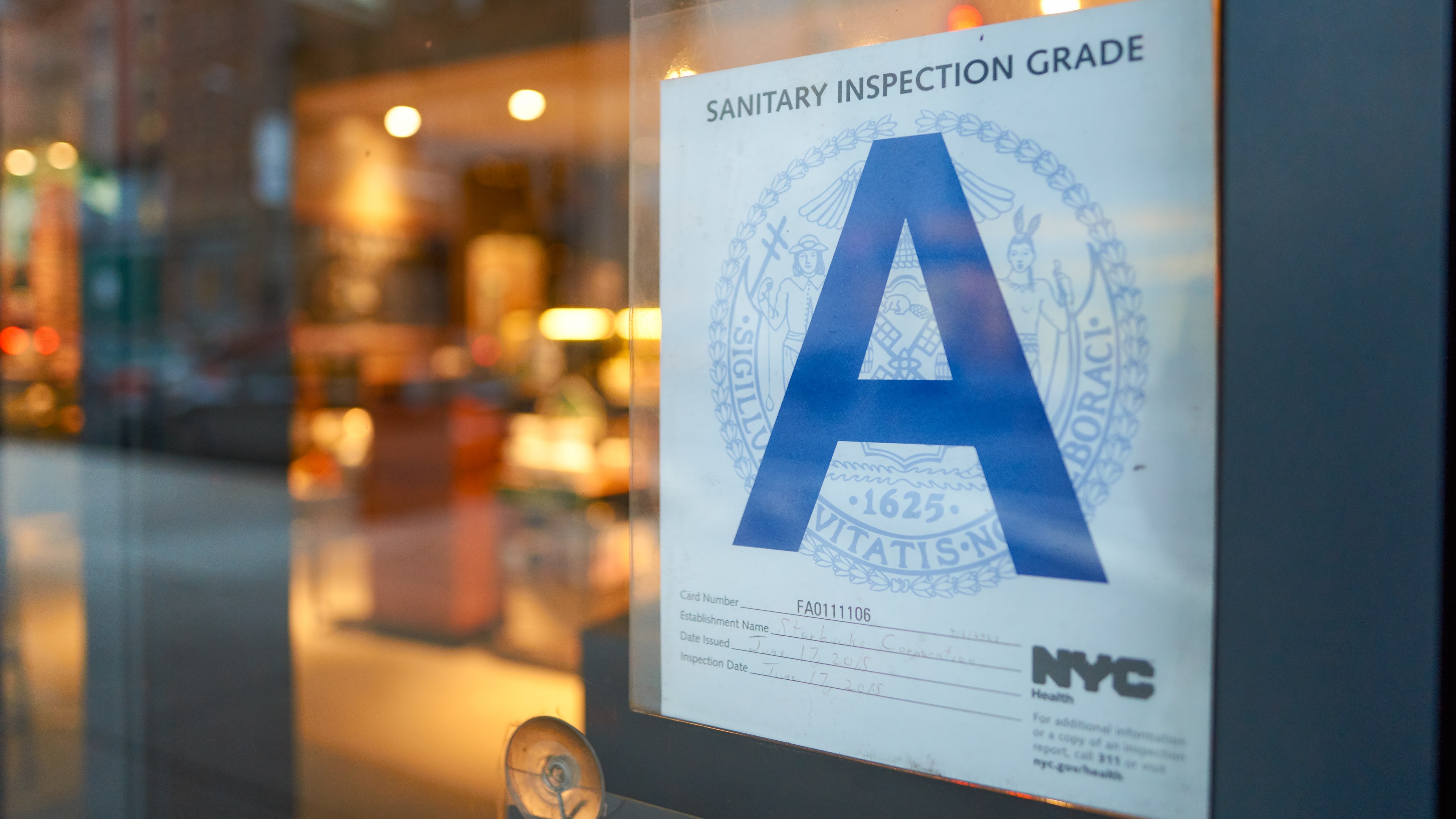 Food safety inspection grade "A" outside a restaurant.