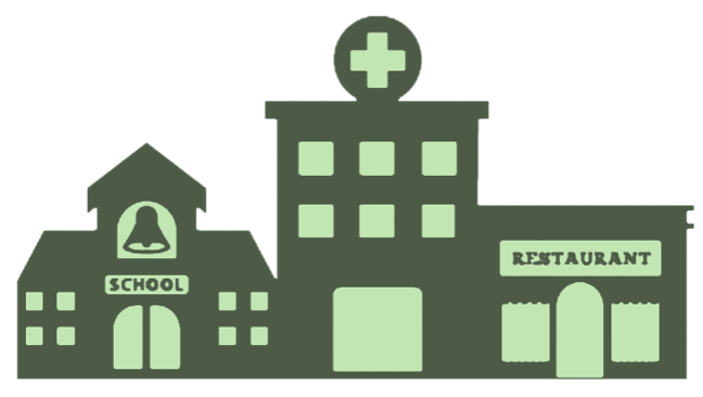 Graphic of three buildings--a school, hospital, and restaurant.