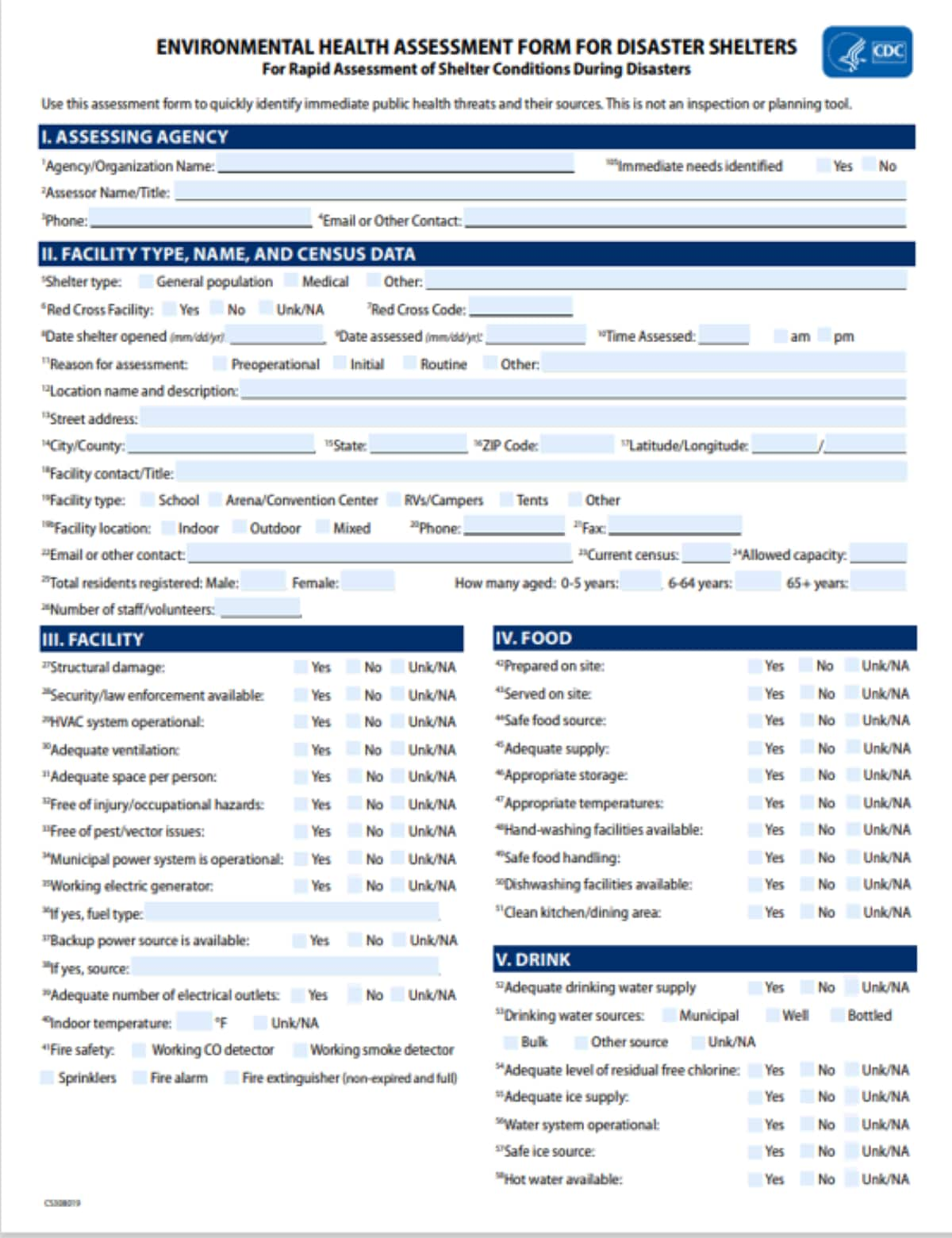 Page 1 of the environmental health disaster assessment form