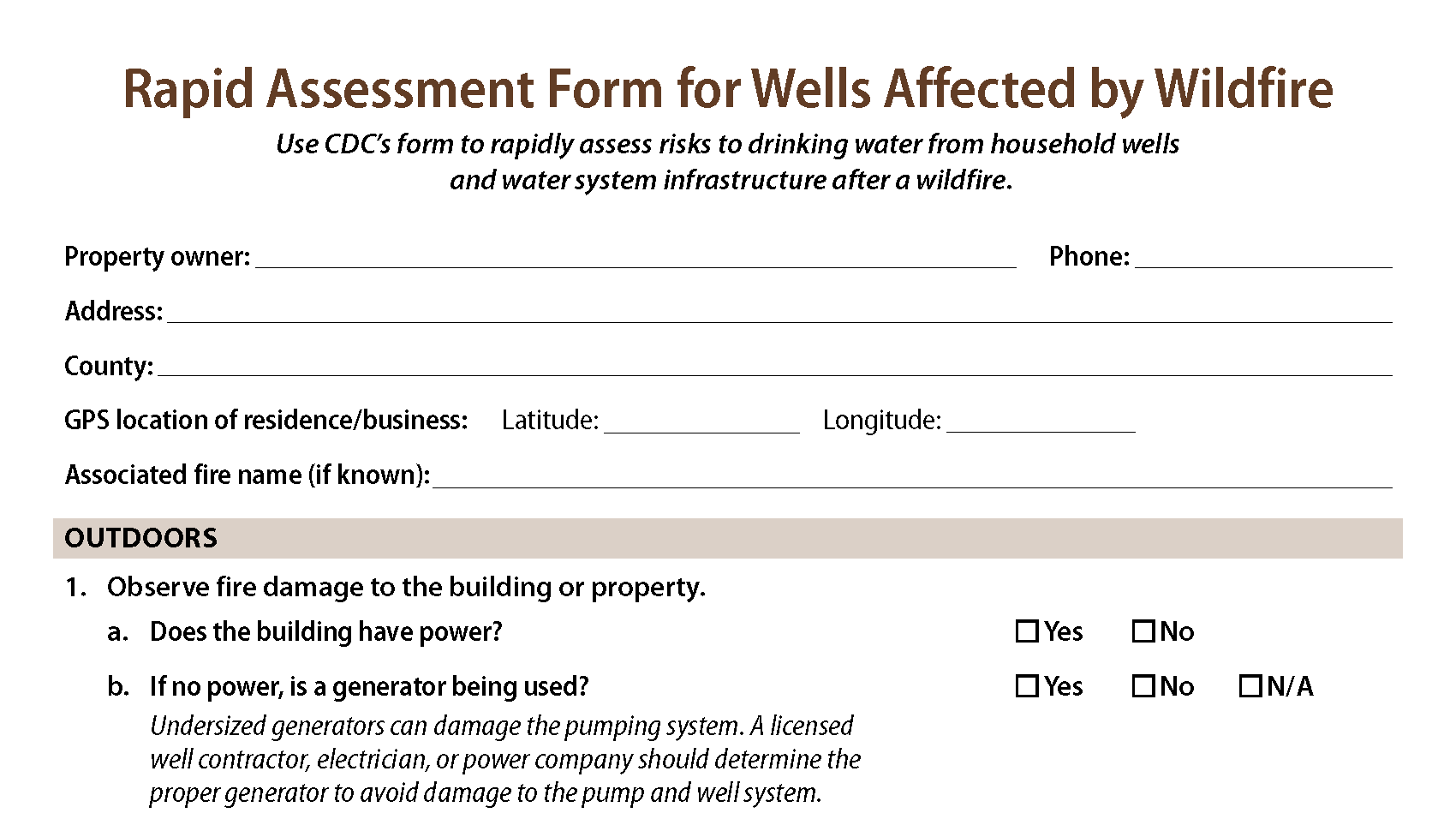 Top part of CDC's rapid assessment form.