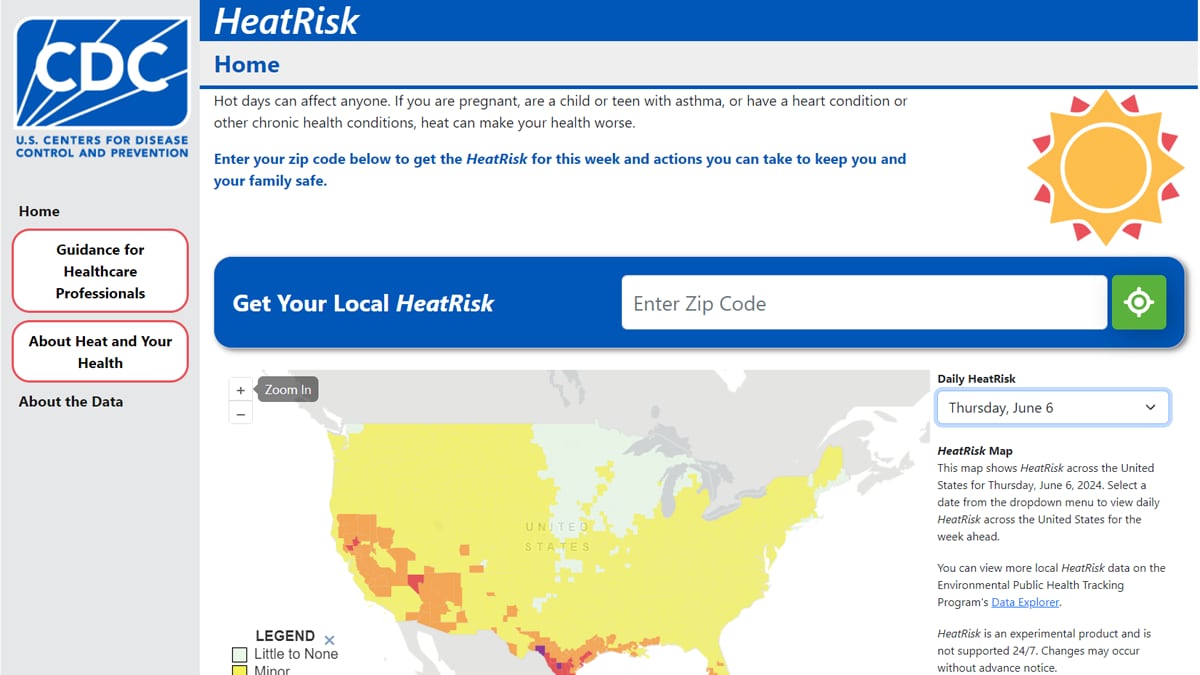 Home page view of CDC's HeatRisk dashboard tool.