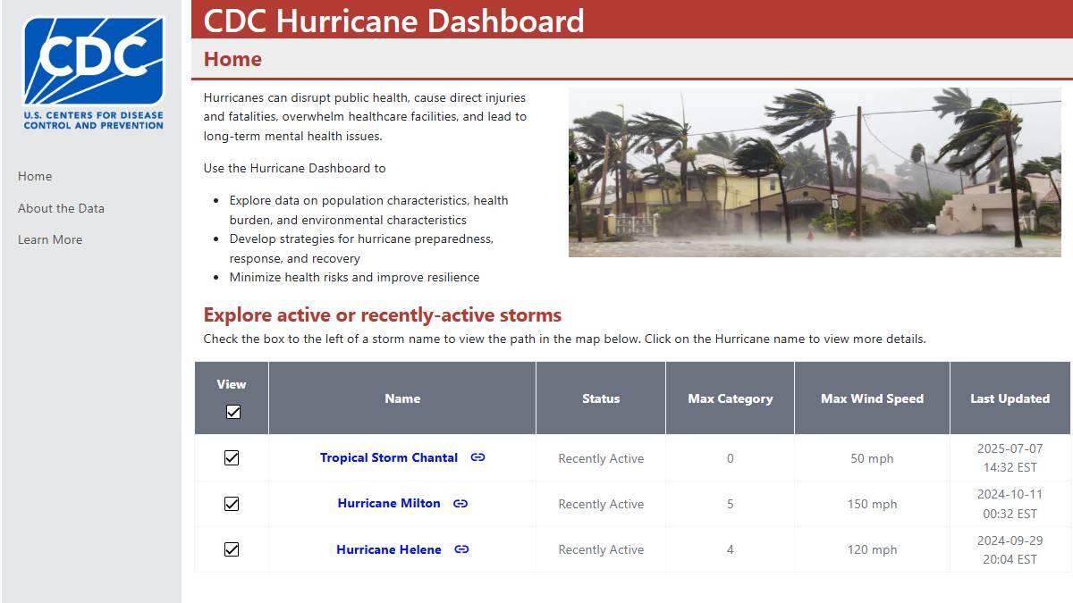 CDC's Hurricane Dashboard web page