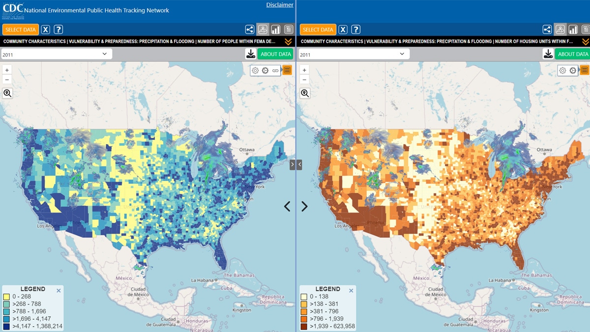 Tracking Data Explorer Tool map Number of People and Housing Units within FEMA Designated Flood Hazard Area with Current Radar Overlay Layer