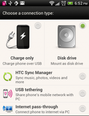 F601ConnectionType Screen shot illustrating how screen displays choices for available connection types.