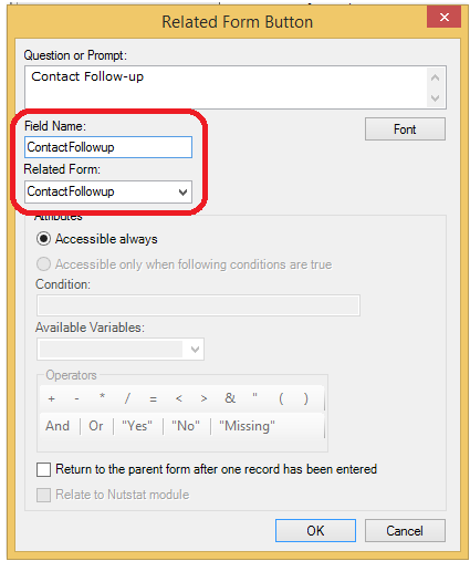 F608FieldNameRelatedFormParameters Screen shot demonstrating naming convention to follow when using relational forms for data collection on mobile devices.