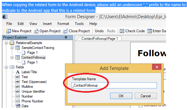F609ChildFormNaming Screen shot demonstrating how to name relational forms when form is being copied to mobile device.