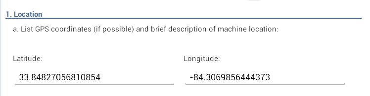 F624LatLongCoordinates Screen shot of the latitude and longitude fields. Coordinates are displayed in a list view once retrieved.