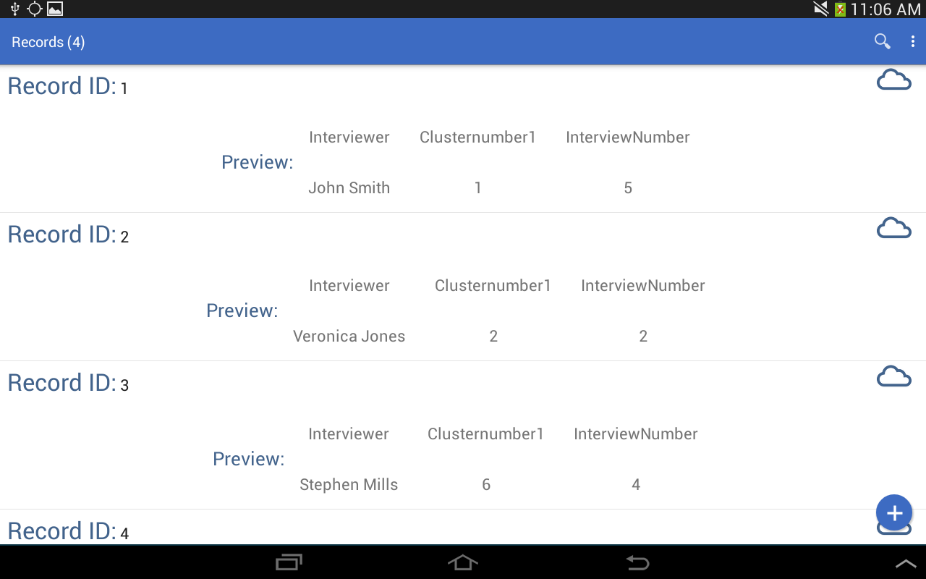 F625RecordList Screen shot of the Record List section of the Collect Data module. This interface provides a listing of all the records that have been collected on a mobile device in the form selected.