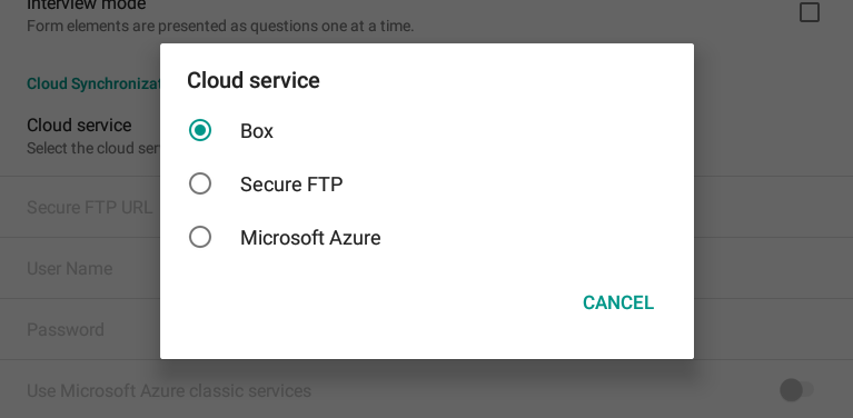 F667ConfiguringBoxAccount Screen shot demonstrating the Cloud service options available in the mobile application.