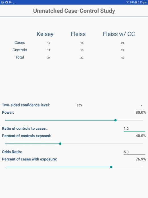 F672UnmatchedCaseControl Screen shot of Unmatched Case-Control option in StatCalc