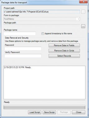F71PackageDataForTransportDialogBox Screen shot of the package data for transport dialog box. The box includes the project file path and the form name. The user can enter the package name and a password, as well as selecting options to remove field data or grid data, or to select records.