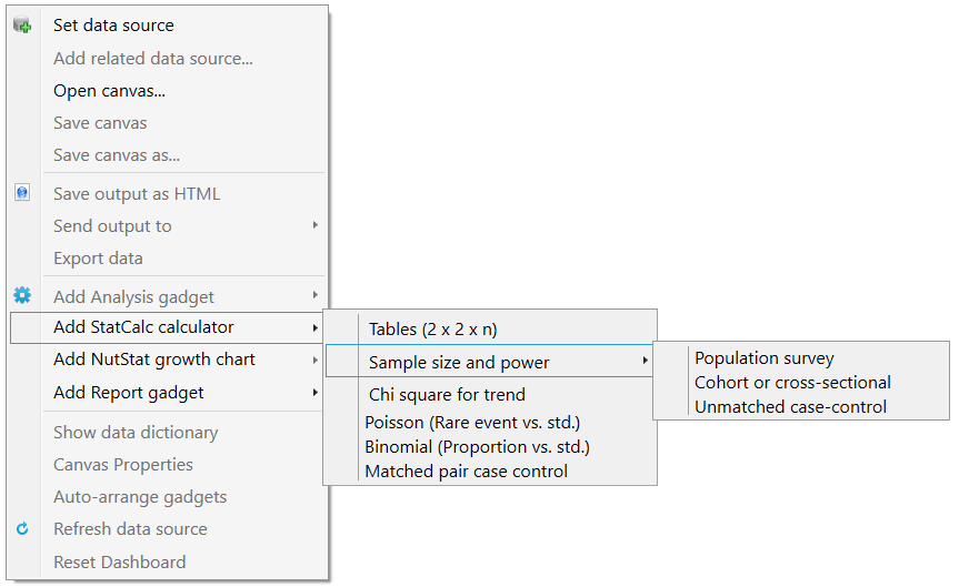 F1017-visual-dashboard-statcalc-menu Visual Dashboard context menu showing the StatCalc menu items expanded.