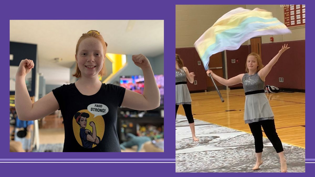 Images of Brenna flexing her arms to show strength and practicing color guard