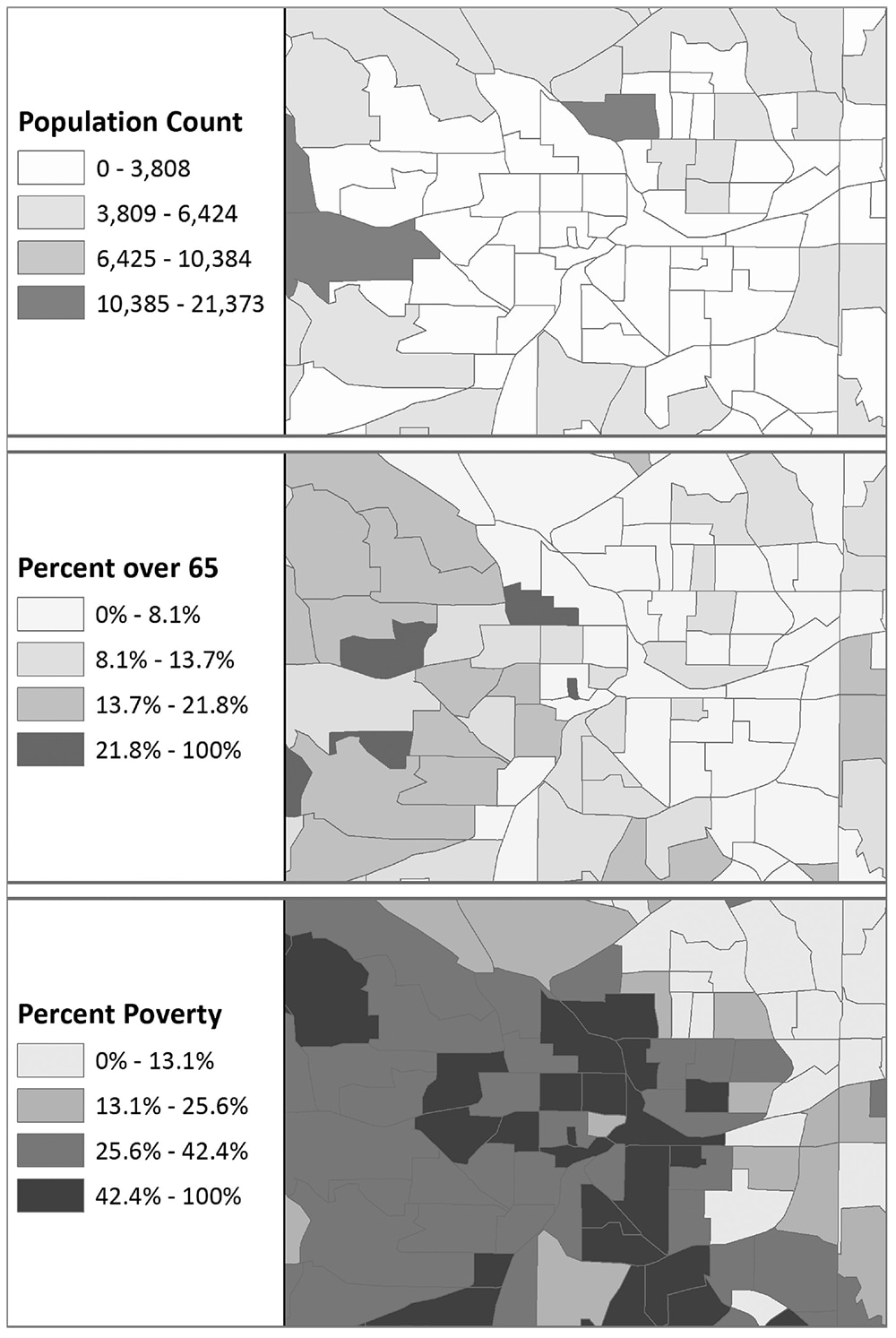 Geographic map instances separated by population count, percent over 65, and percent poverty