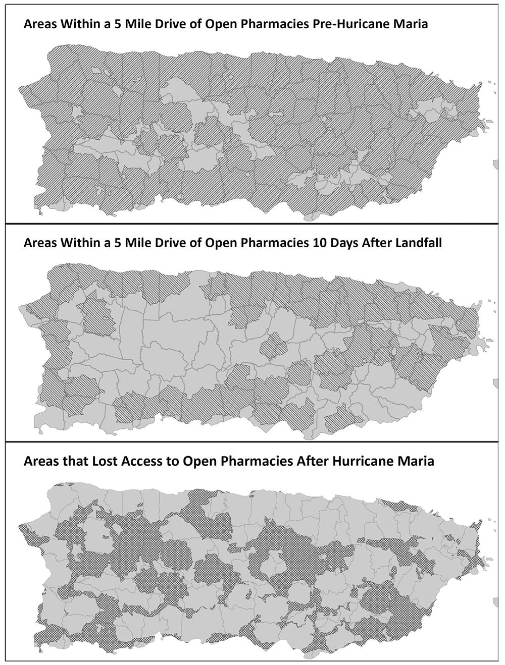 Map images of pharmacies open within 5 mile radius before and after hurrican made landfall