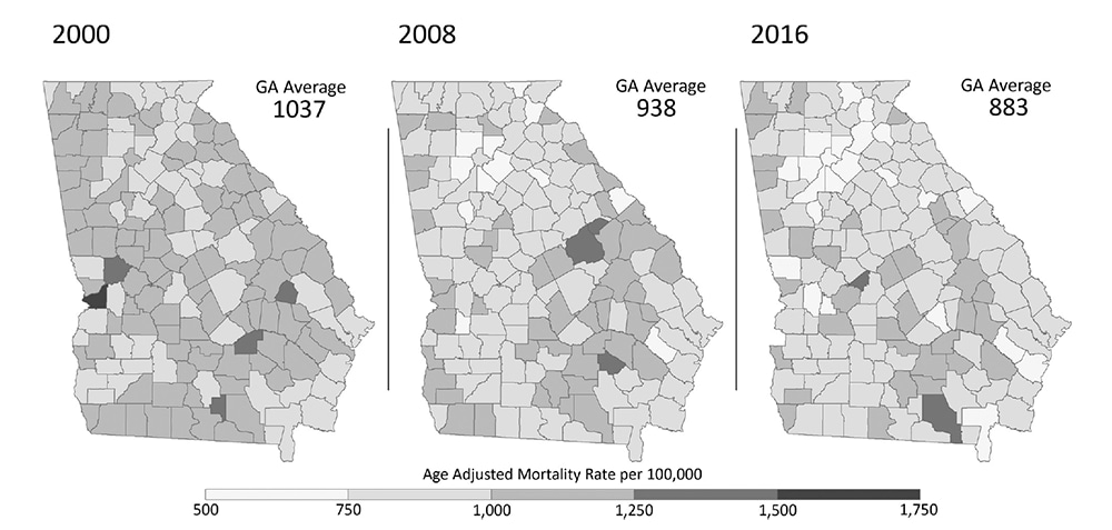 Series of GA Maps showing average for 2000, 2008, and 2016