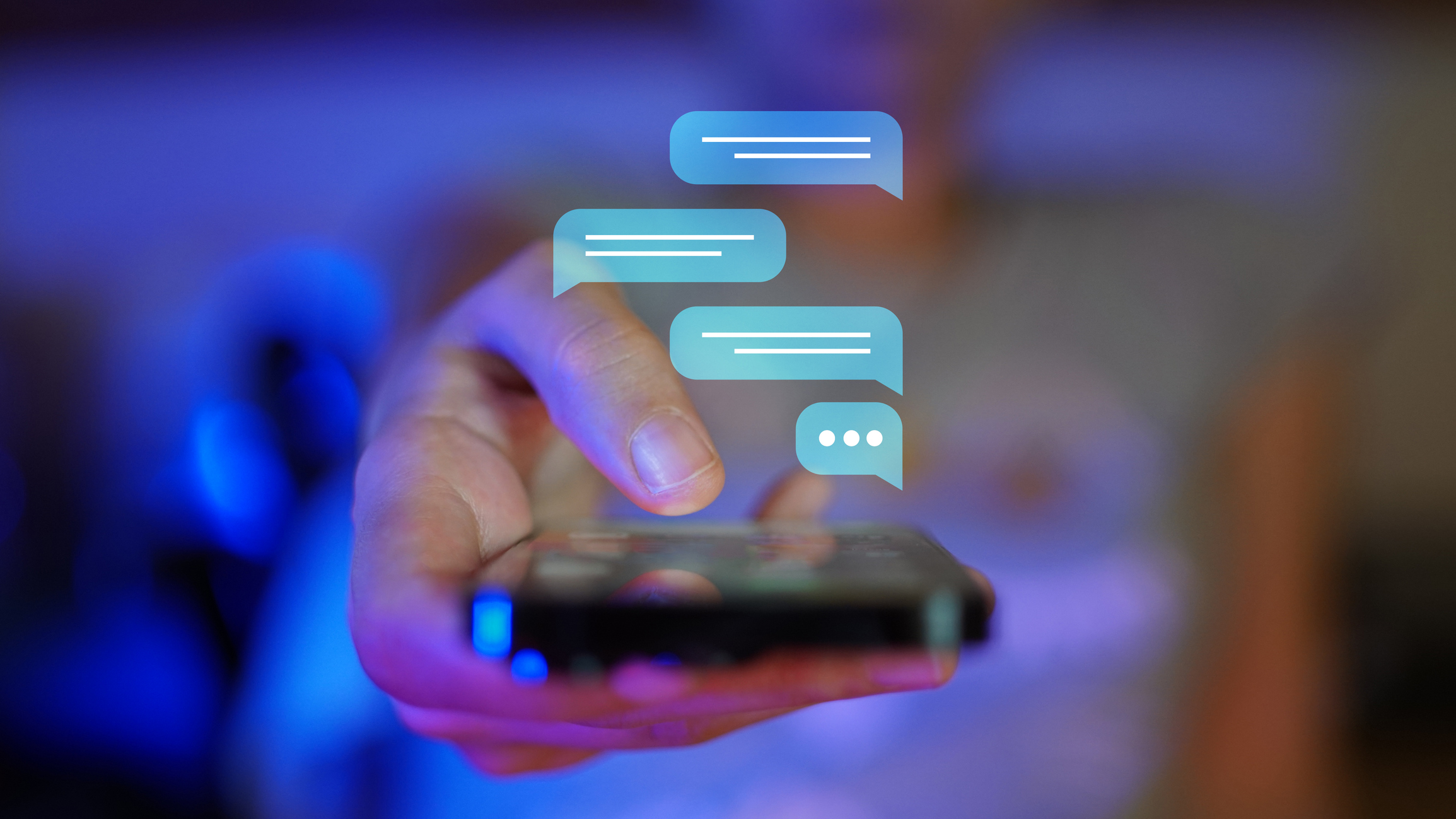 A close-up view of a hand holding a cell phone with a digital overlay of text messages.