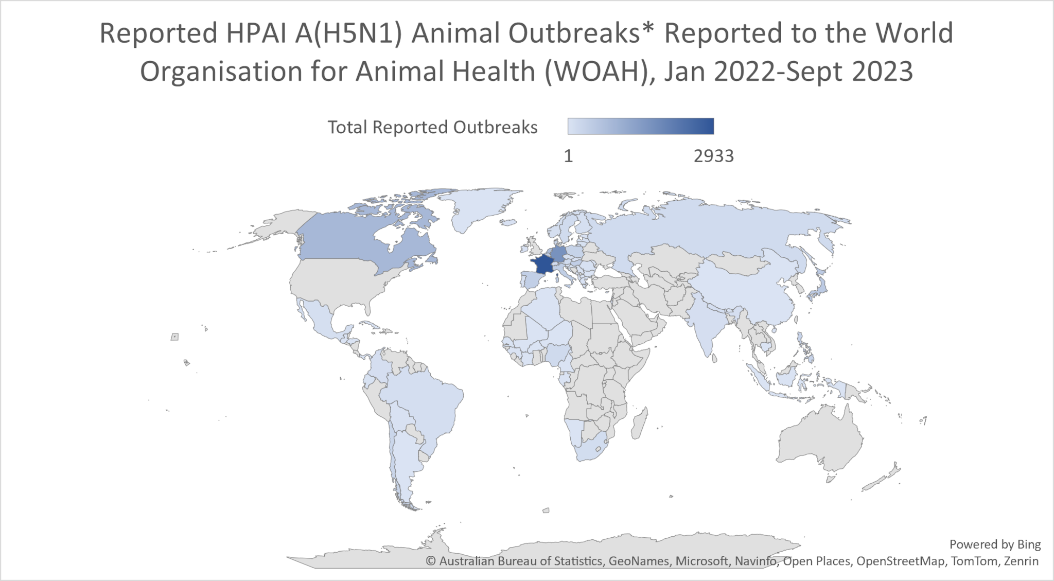 Reported HPAI A(H5N1) Bird Outbreaks* Reported to the World Organisation for Animal Health (WOAH), Jan 2022-December 2023