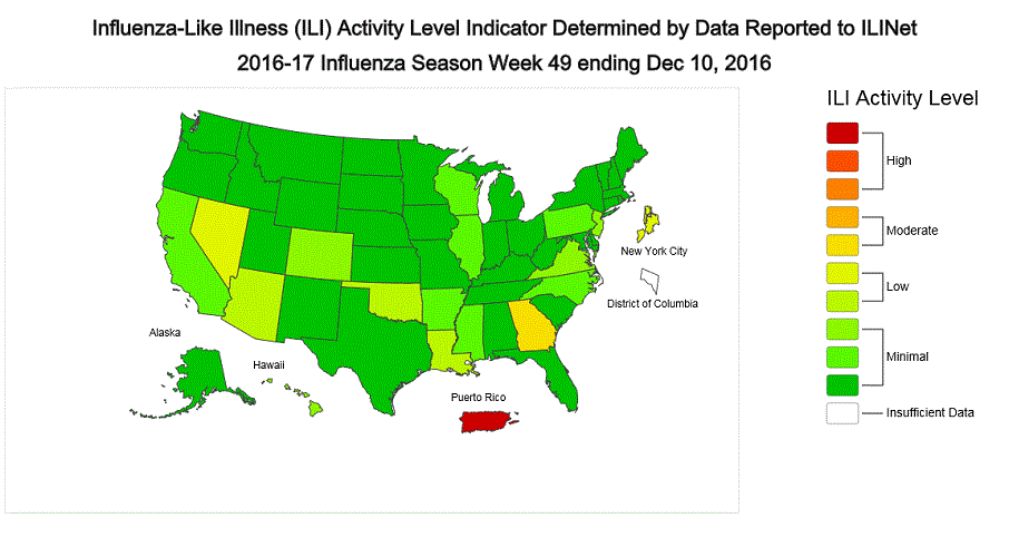 Map: While current U.S. flu activity is low overall, localized influenza outbreaks have been reported.