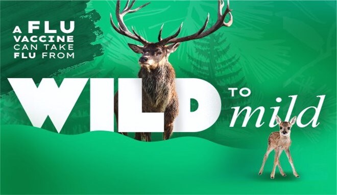 A flu vaccine can take flu from wild to mild. A stag stands behind "wild" and a fawn stands next to "mild."