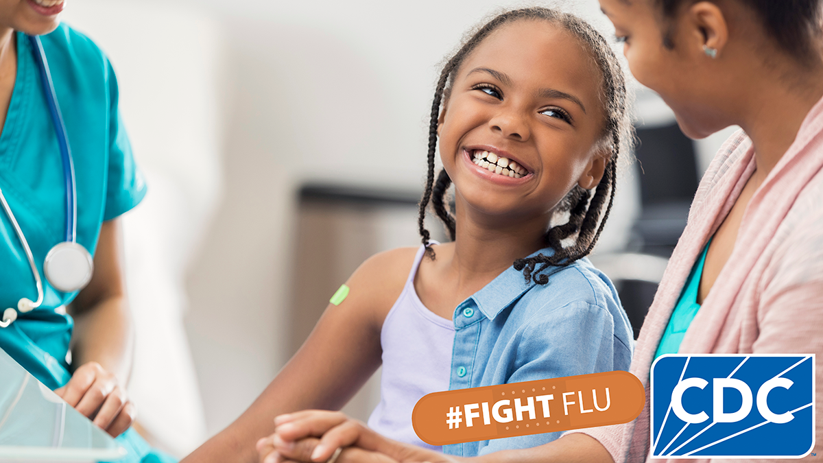 child with health care professional and parent smiling with text: #figtflu and cdc logo