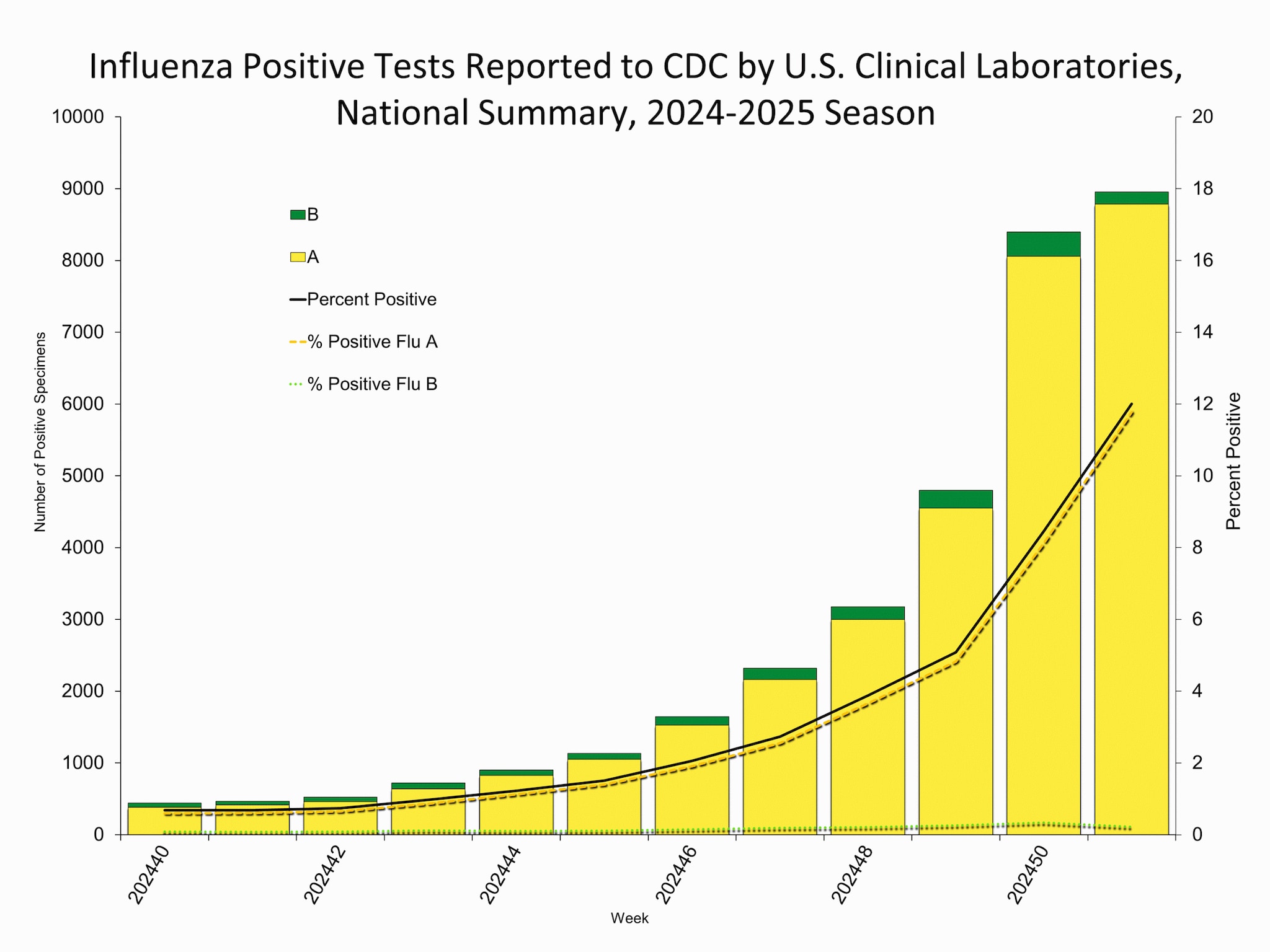 Influenza Positive Tests Reported to CDC by Clinical Laboratories, National Summary, 2024-25 Season, week ending Dec. 21, 2024