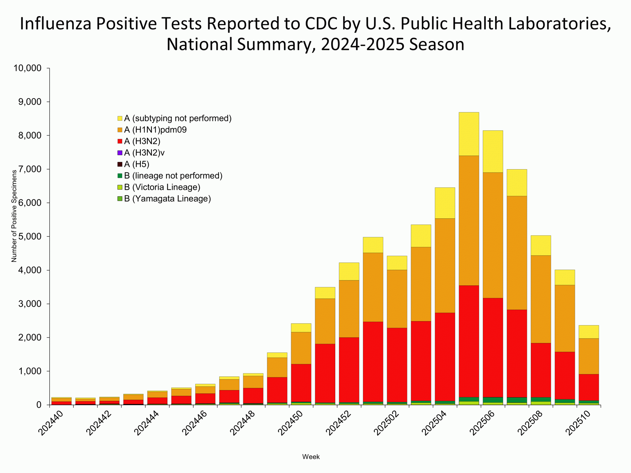 This graph reflects the number of specimens tested and the number determined to be positive for influenza viruses at the public health lab (specimens tested is not the same as cases). It does not reflect specimens tested only at CDC and could include more than one specimen tested per person. Specimens tested as part of routine influenza surveillance as well as those tested as part of targeted testing for people exposed to influenza A(H5) are included.