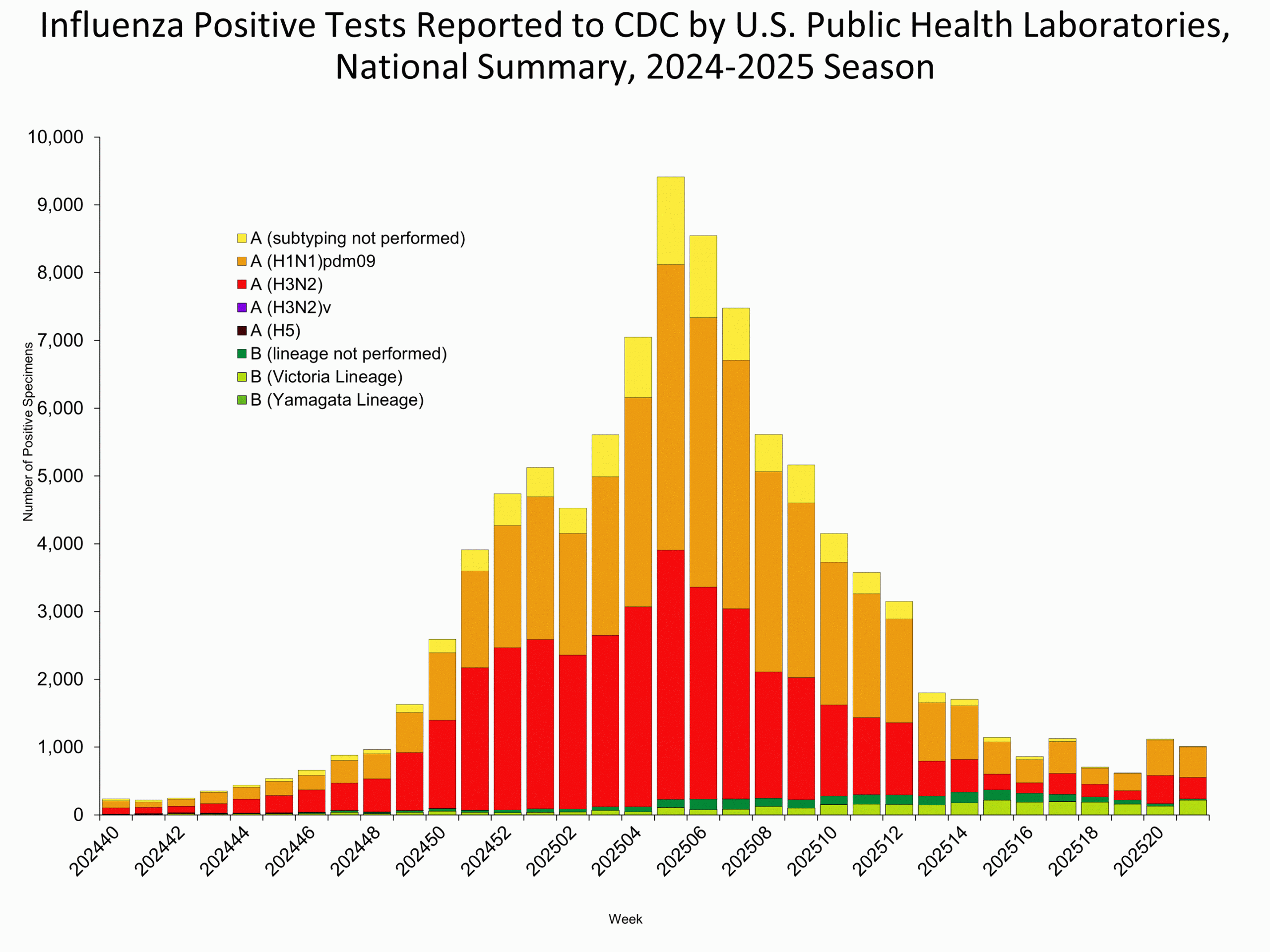 This graph reflects the number of specimens tested and the number determined to be positive for influenza viruses at the public health lab (specimens tested is not the same as cases). It does not reflect specimens tested only at CDC and could include more than one specimen tested per person. Specimens tested as part of routine influenza surveillance as well as those tested as part of targeted testing for people exposed to influenza A(H5) are included.