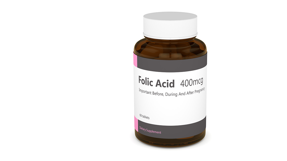 Folic acid supplement bottle with text that reads "Folic acid 400 mcg- Important before, during, and after pregnancy".