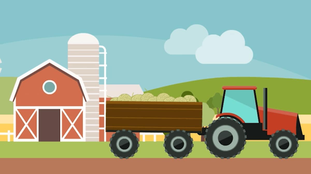 Illustrated graphic showing a tractor pulling a trailer in front of a barn