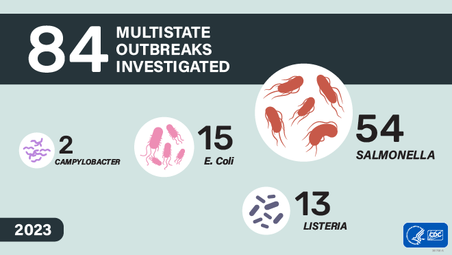 Illustrative graphic showing different bacteria with text next to each bacteria. That reads: 84 multistate outbreaks investigated. 2 Campylobacter, 15 E. coli, 13 Listeria, 54 Salmonella. 2023.