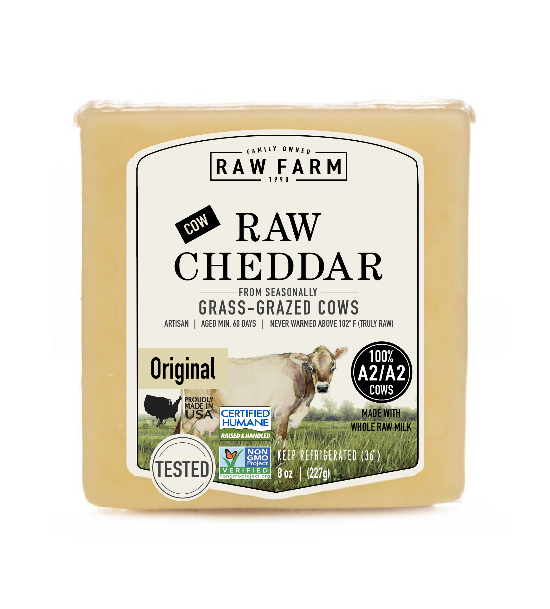 Block of Raw Farm raw cheddar cheese