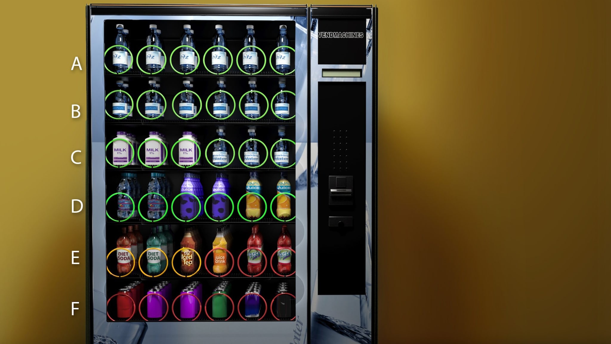 A vending machine showing beverage options.