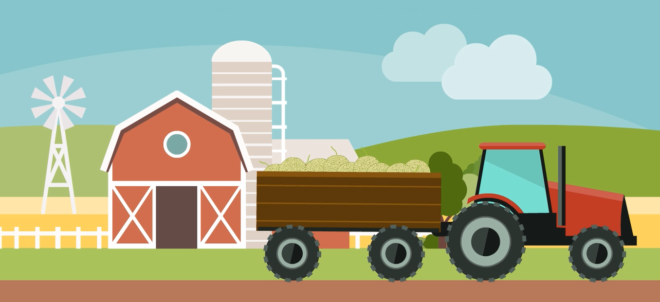 Illustration of a tractor full of melons in front of a farm.