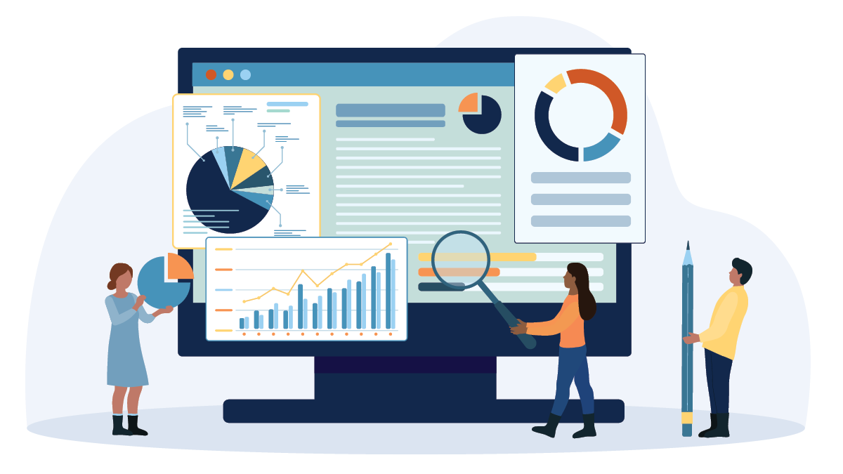 A graphic illustrating a group of people reviewing information from an annual report.