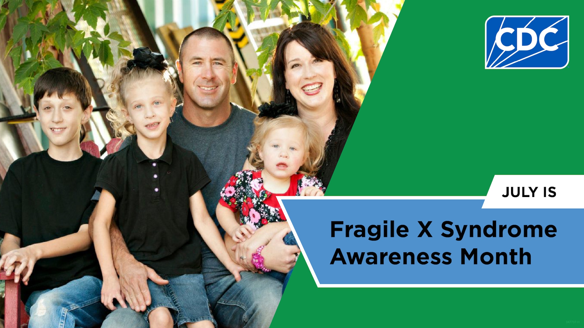 Family of five sitting on a bench outside with three young children diagnosed with fragile X syndrome.