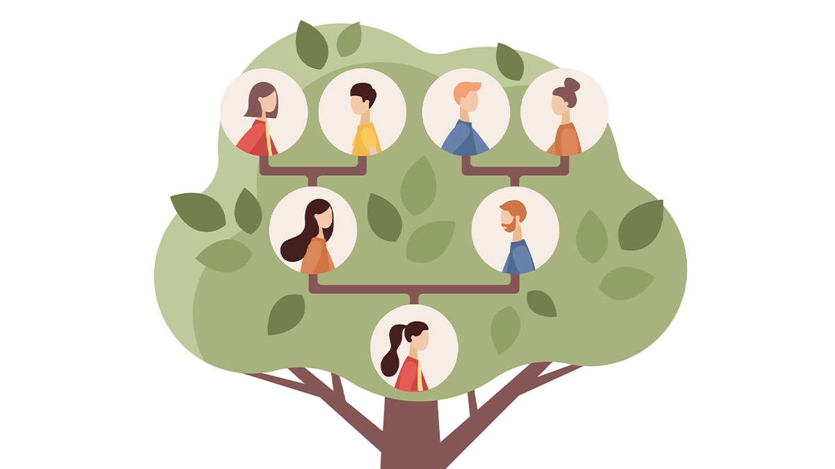Family tree animated with icons of people within the tree
