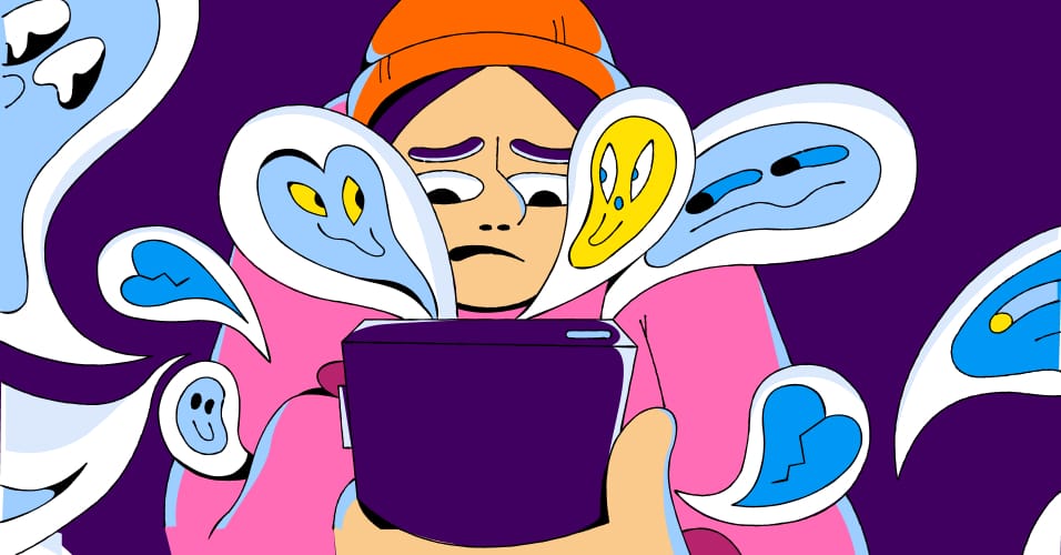 A teen looks worried while ghostly emojis come out of a cup they are holding.